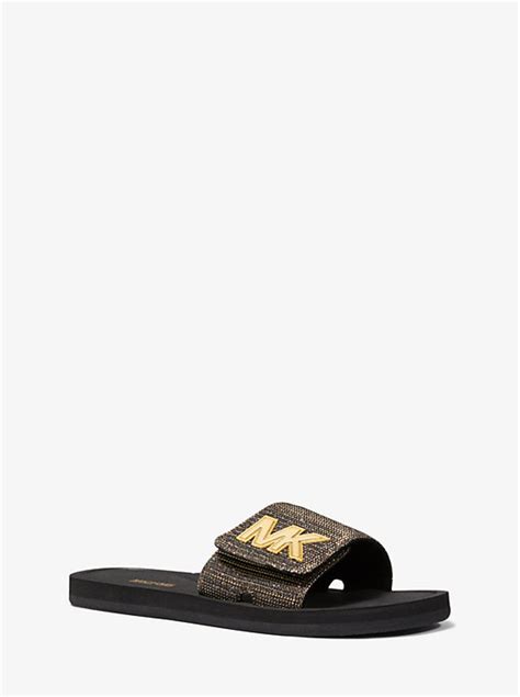 michael michael kors mk logo chain mesh slide|MK Logo Metallic Mesh Slide Sandal .